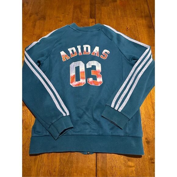 Adidas Youth Girls Size Medium 11/12 Teal & Floral Cotton Track Full Zip Jacket - Picture 1 of 10